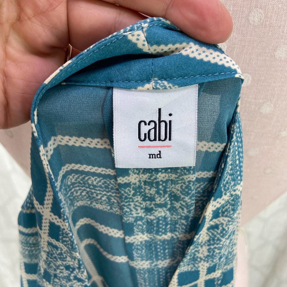 CAbi Windowpane Wrap Top Size M Teal Plaid Style 3068 Surplice V‎ Neck Blouse - Picture 3 of 10